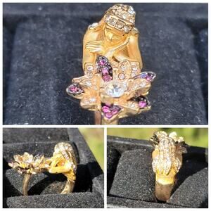 Gold Tone Girl Flower Rhinestone Ring